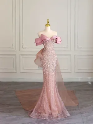 JazzHer Pretty Mermaid Off The Shoulder Sequin Pink Long Evening Dress Prom Dresses With Bow (PRE-ORDER)