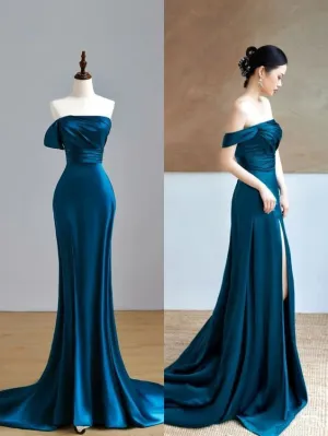 JazzHer Pretty Mermaid Off The Shoulder Slit Satin Prom Dresses With Ruffle Long Evening Dress (PRE-ORDER)