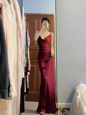 JazzHer Pretty Mermaid Spaghetti Straps Burgundy Satin Long Floor Length Prom Dresses (PRE-ORDER)