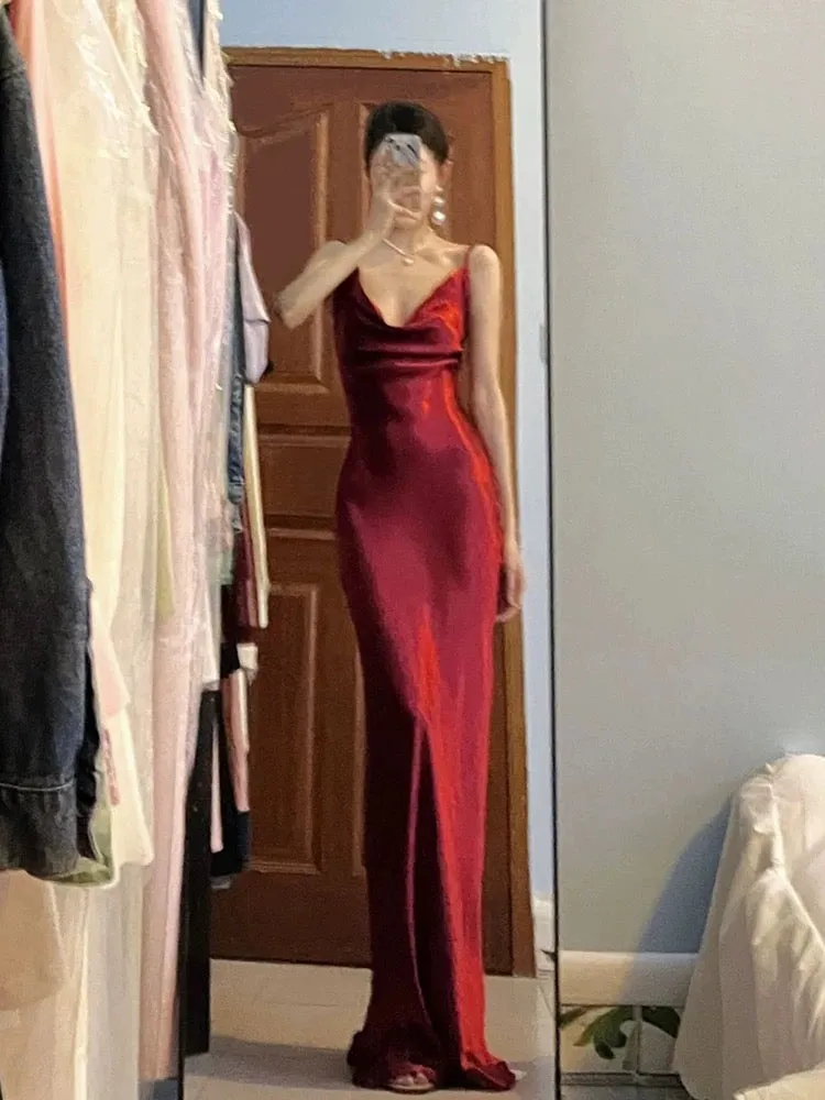 JazzHer Pretty Mermaid Spaghetti Straps Burgundy Satin Long Floor Length Prom Dresses (PRE-ORDER)