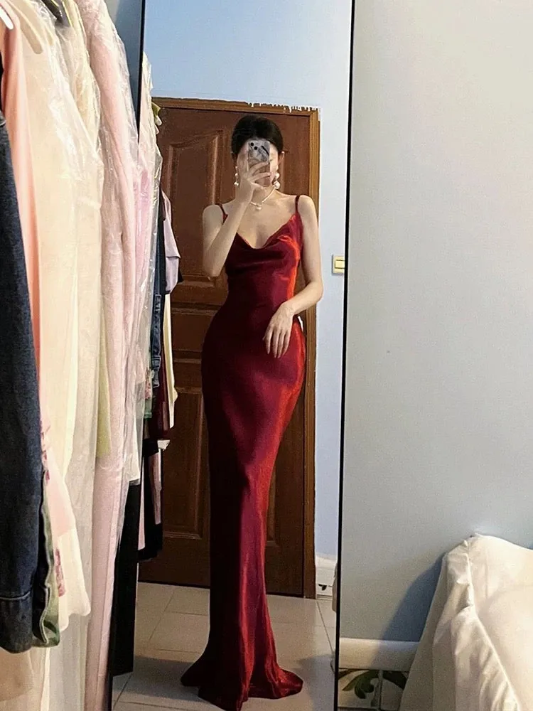 JazzHer Pretty Mermaid Spaghetti Straps Burgundy Satin Long Floor Length Prom Dresses (PRE-ORDER)