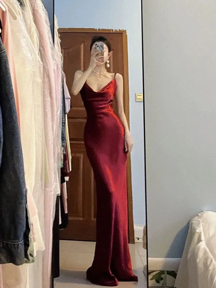 JazzHer Pretty Mermaid Spaghetti Straps Burgundy Satin Long Floor Length Prom Dresses (PRE-ORDER)