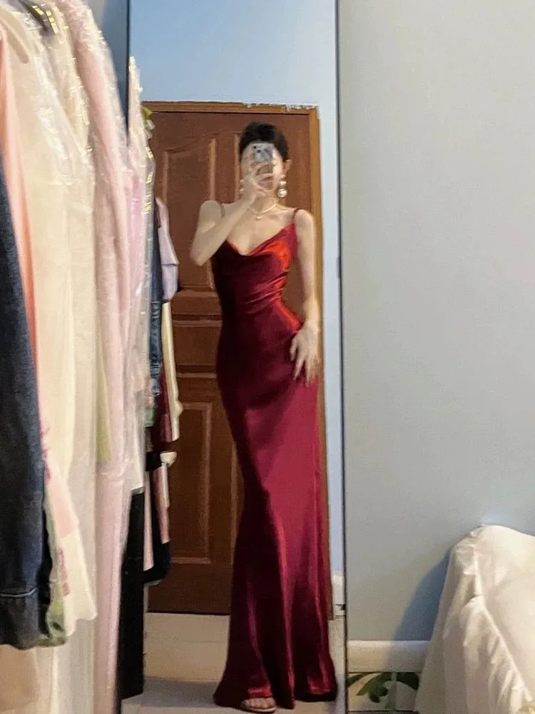 JazzHer Pretty Mermaid Spaghetti Straps Burgundy Satin Long Floor Length Prom Dresses (PRE-ORDER)