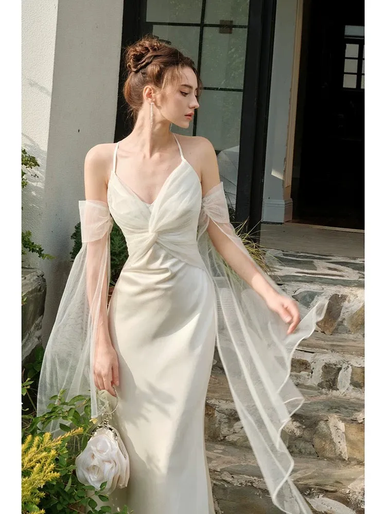 JazzHer Pretty Mermaid Spaghetti Straps White Long Prom Dresses Party Evening Dress (PRE-ORDER)