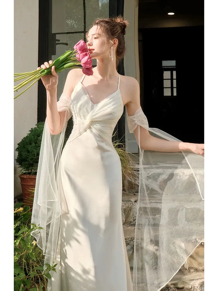 JazzHer Pretty Mermaid Spaghetti Straps White Long Prom Dresses Party Evening Dress (PRE-ORDER)