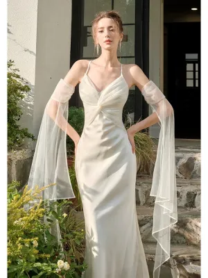 JazzHer Pretty Mermaid Spaghetti Straps White Long Prom Dresses Party Evening Dress (PRE-ORDER)