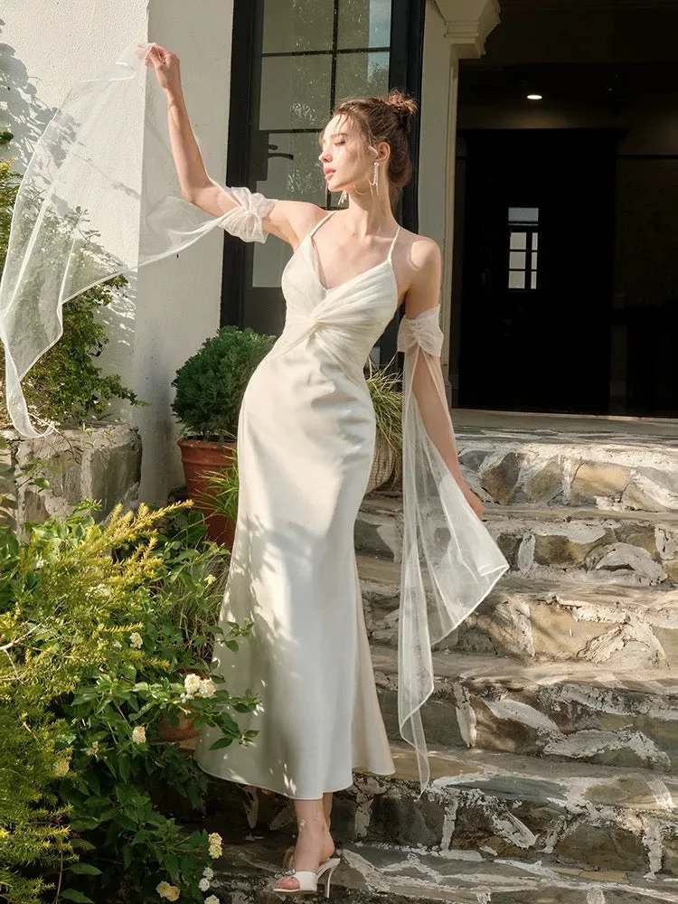JazzHer Pretty Mermaid Spaghetti Straps White Long Prom Dresses Party Evening Dress (PRE-ORDER)