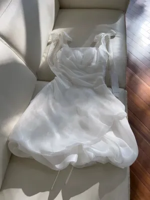 JazzHer Sexy Ball Gown Spaghetti Straps White Organza Short Homecoming Dresses Birthday Outfits (PRE-ORDER)