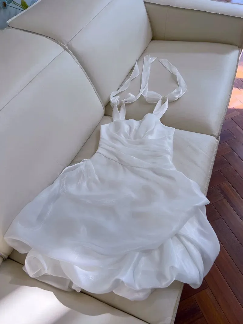 JazzHer Sexy Ball Gown Spaghetti Straps White Organza Short Homecoming Dresses Birthday Outfits (PRE-ORDER)