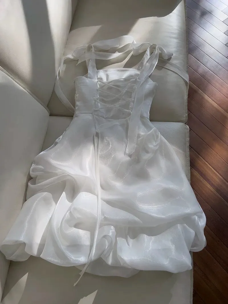 JazzHer Sexy Ball Gown Spaghetti Straps White Organza Short Homecoming Dresses Birthday Outfits (PRE-ORDER)
