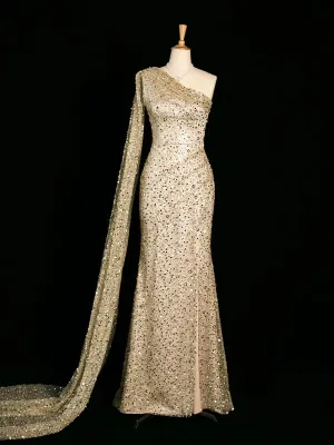JazzHer Sexy Mermaid One Shoulder Slit Sequin Prom Dresses Party Evening Dress (PRE-ORDER)