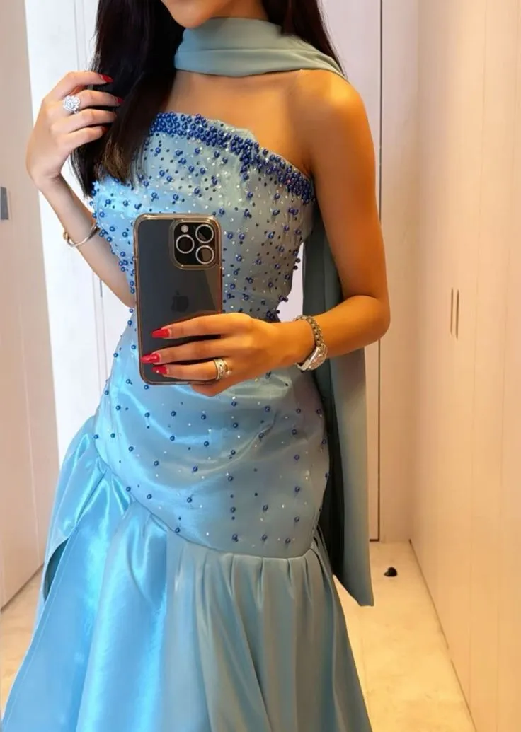 JazzHer Sexy Mermaid Strapless Blue Prom Dress With Beads Long Satin Prom Dresses Party Dress (PRE-ORDER)