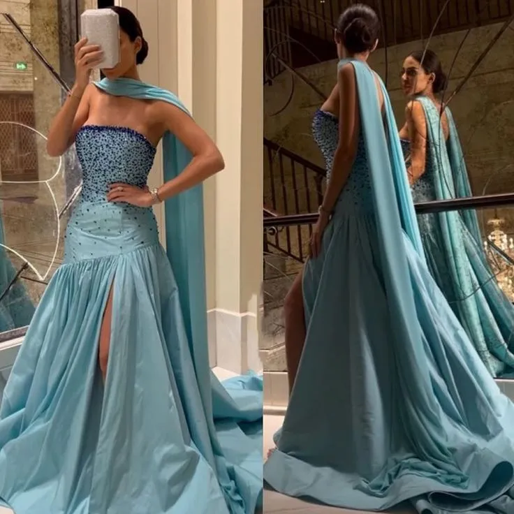 JazzHer Sexy Mermaid Strapless Blue Prom Dress With Beads Long Satin Prom Dresses Party Dress (PRE-ORDER)