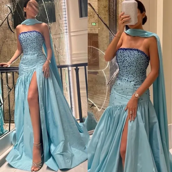 JazzHer Sexy Mermaid Strapless Blue Prom Dress With Beads Long Satin Prom Dresses Party Dress (PRE-ORDER)