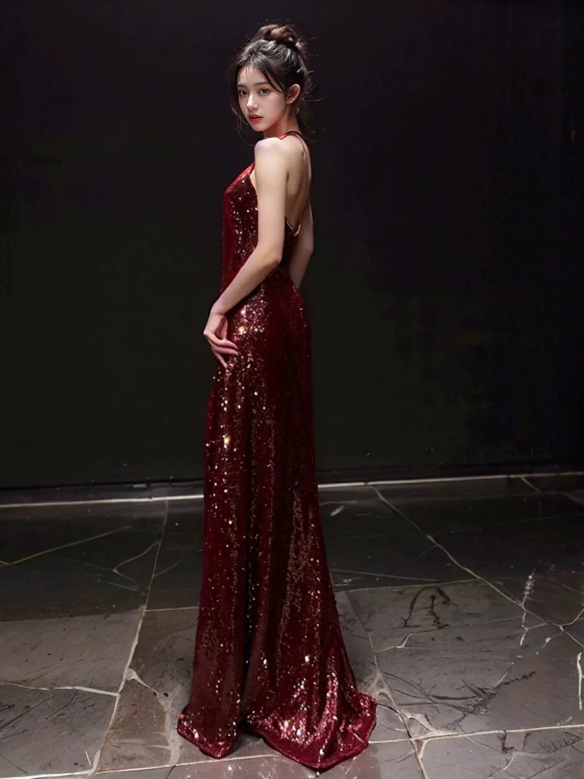 JazzHer Sexy Mermaid V Neckline Burgundy Sequin Prom Dresses Evening Dress With Beads (PRE-ORDER)
