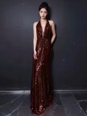 JazzHer Sexy Mermaid V Neckline Burgundy Sequin Prom Dresses Evening Dress With Beads (PRE-ORDER)