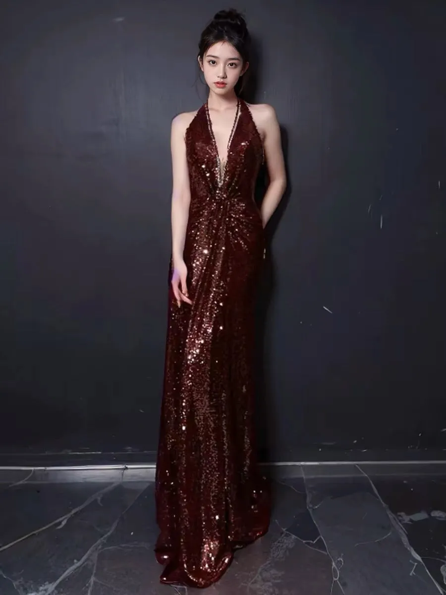 JazzHer Sexy Mermaid V Neckline Burgundy Sequin Prom Dresses Evening Dress With Beads (PRE-ORDER)