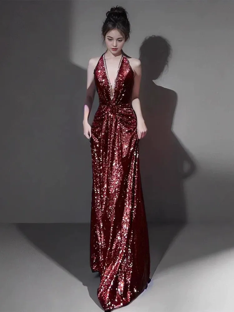 JazzHer Sexy Mermaid V Neckline Burgundy Sequin Prom Dresses Evening Dress With Beads (PRE-ORDER)