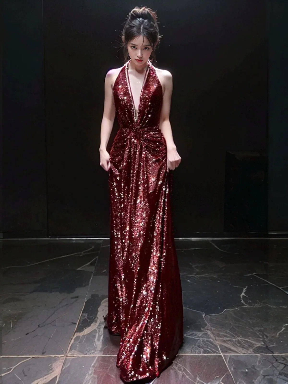 JazzHer Sexy Mermaid V Neckline Burgundy Sequin Prom Dresses Evening Dress With Beads (PRE-ORDER)