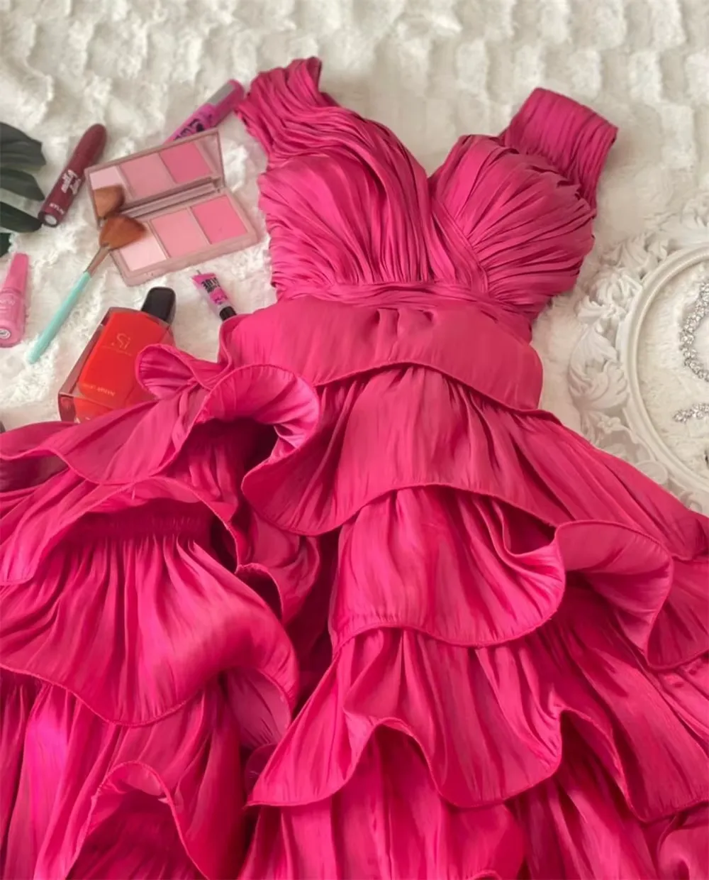 JazzHer Simple Ball Gown Straps Hot Pink knee Length Ruffles Homecoming Dresses (PRE-ORDER)