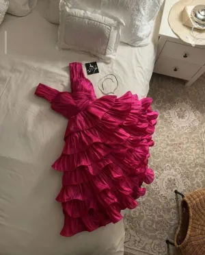 JazzHer Simple Ball Gown Straps Hot Pink knee Length Ruffles Homecoming Dresses (PRE-ORDER)