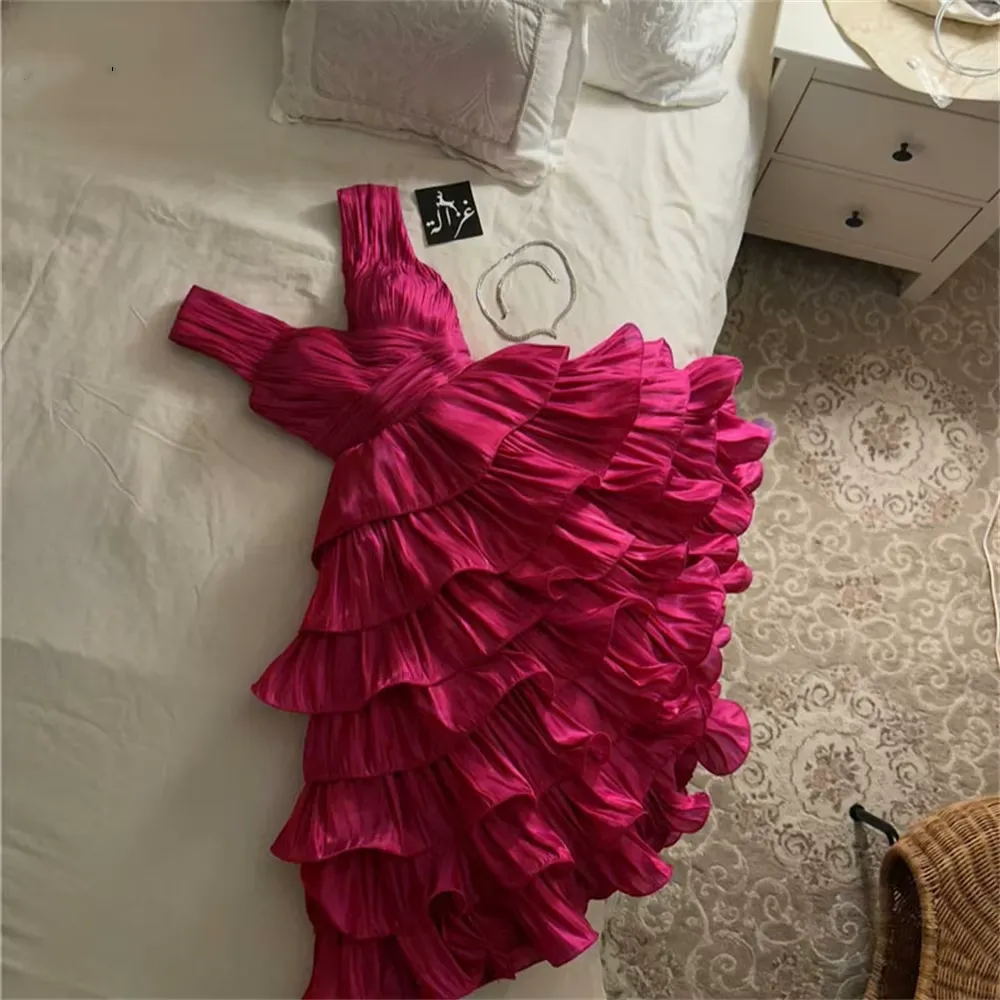 JazzHer Simple Ball Gown Straps Hot Pink knee Length Ruffles Homecoming Dresses (PRE-ORDER)