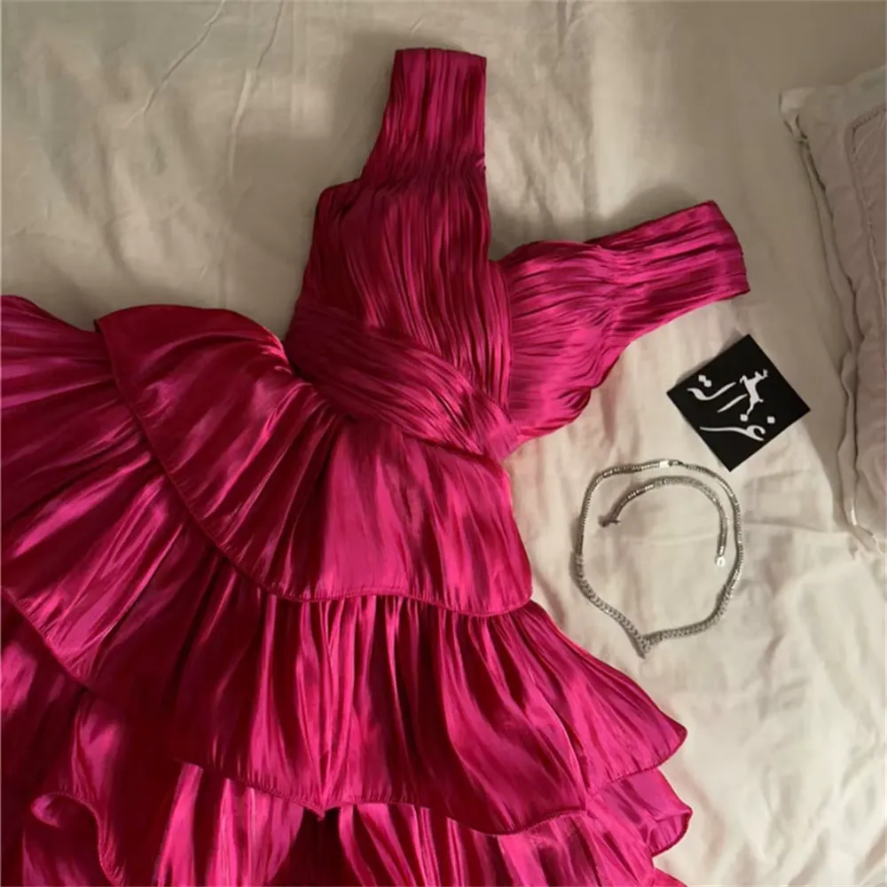 JazzHer Simple Ball Gown Straps Hot Pink knee Length Ruffles Homecoming Dresses (PRE-ORDER)