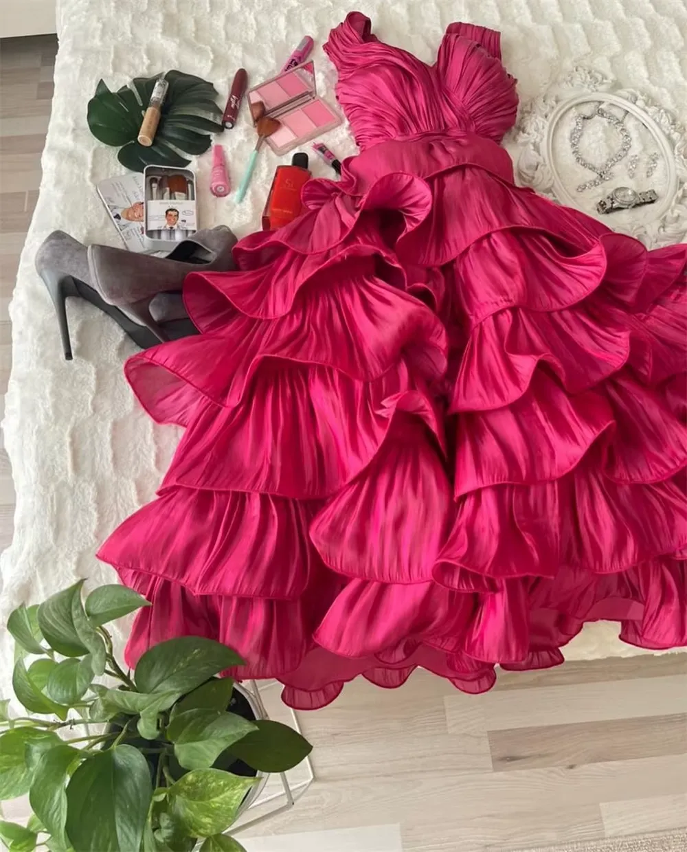 JazzHer Simple Ball Gown Straps Hot Pink knee Length Ruffles Homecoming Dresses (PRE-ORDER)