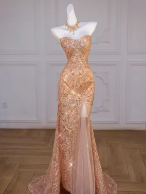 JazzHer Sparkly Mermaid Sweetheart Sequin Long Slit Gold Evening Dress Prom Dresses With Beads (PRE-ORDER)