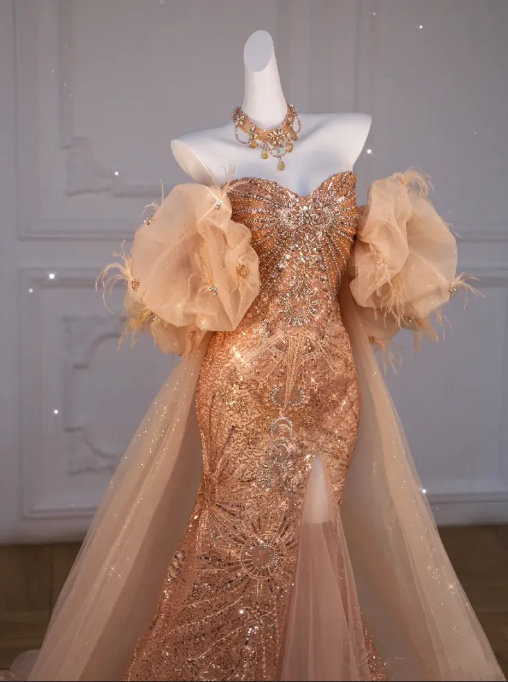 JazzHer Sparkly Mermaid Sweetheart Sequin Long Slit Gold Evening Dress Prom Dresses With Beads (PRE-ORDER)