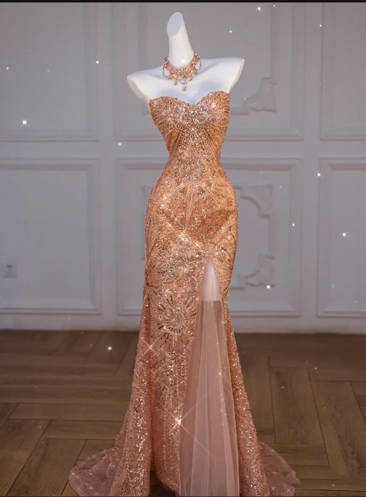 JazzHer Sparkly Mermaid Sweetheart Sequin Long Slit Gold Evening Dress Prom Dresses With Beads (PRE-ORDER)