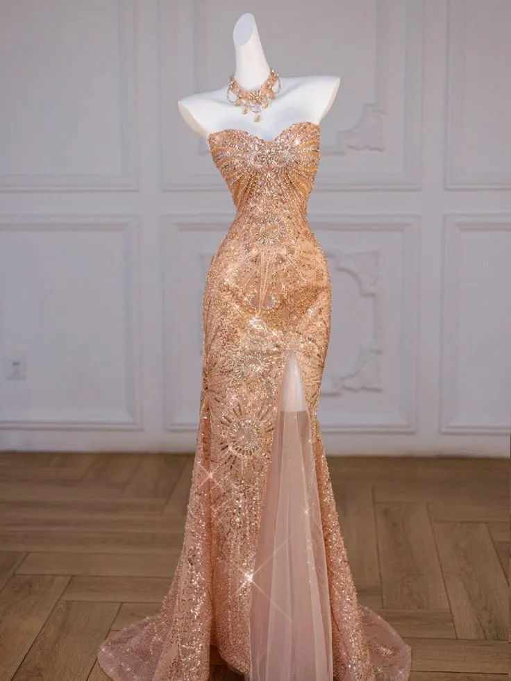 JazzHer Sparkly Mermaid Sweetheart Sequin Long Slit Gold Evening Dress Prom Dresses With Beads (PRE-ORDER)