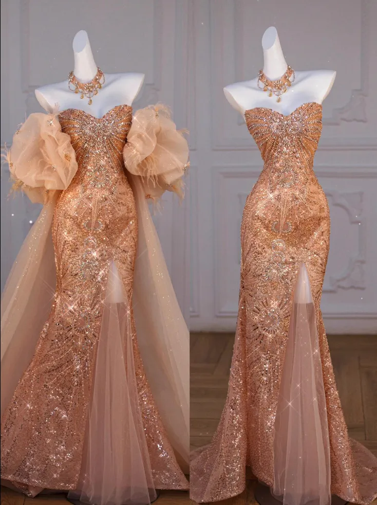 JazzHer Sparkly Mermaid Sweetheart Sequin Long Slit Gold Evening Dress Prom Dresses With Beads (PRE-ORDER)