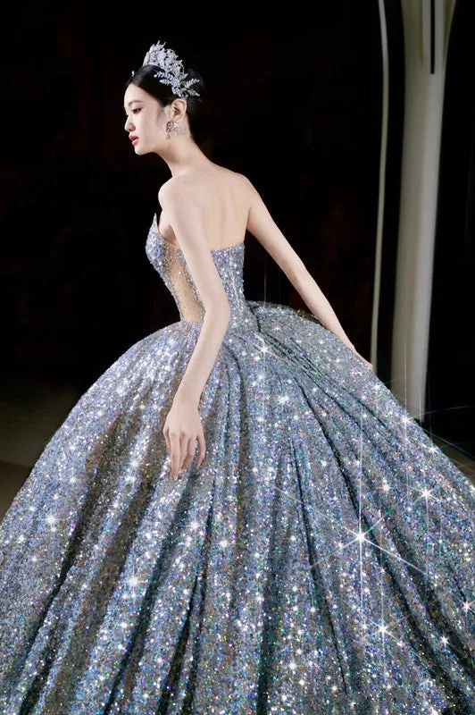 JazzHer Vintage Ball Gown Strapless Sequin Silver Long Prom Dresses Layers Evening Dress (PRE-ORDER)