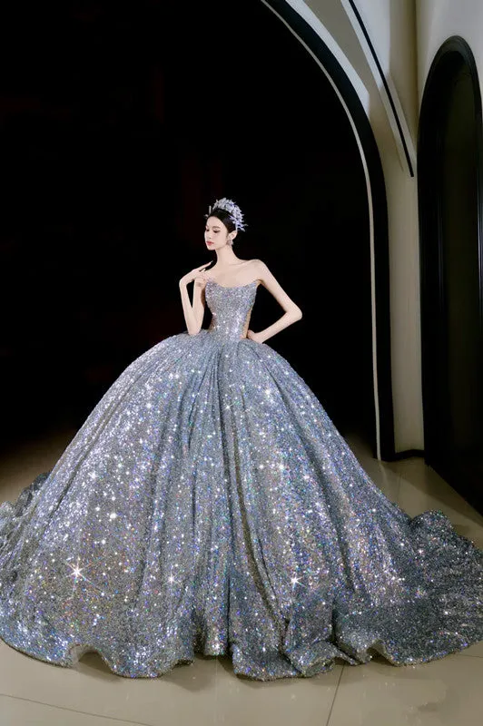 JazzHer Vintage Ball Gown Strapless Sequin Silver Long Prom Dresses Layers Evening Dress (PRE-ORDER)