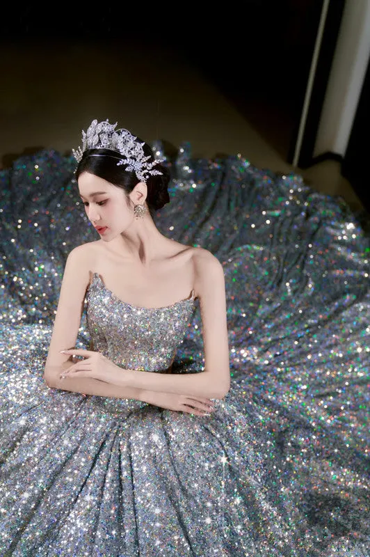 JazzHer Vintage Ball Gown Strapless Sequin Silver Long Prom Dresses Layers Evening Dress (PRE-ORDER)
