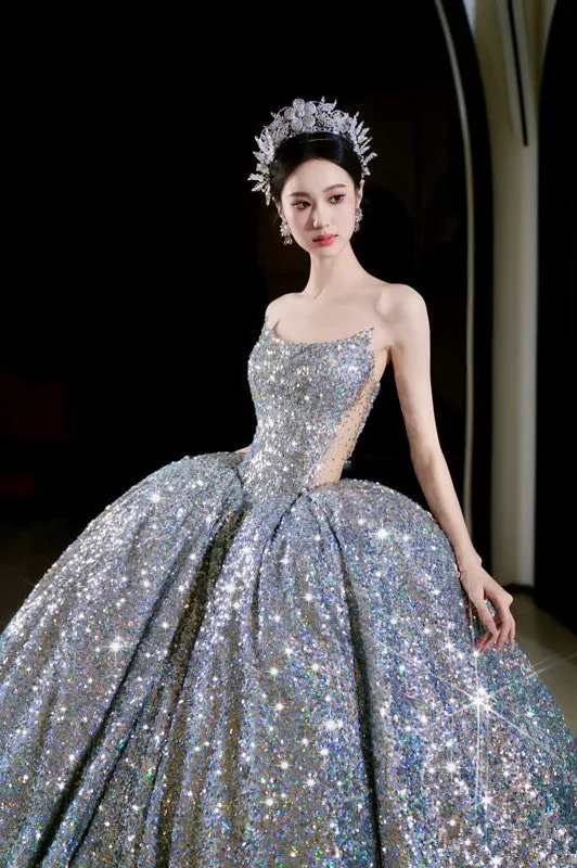 JazzHer Vintage Ball Gown Strapless Sequin Silver Long Prom Dresses Layers Evening Dress (PRE-ORDER)