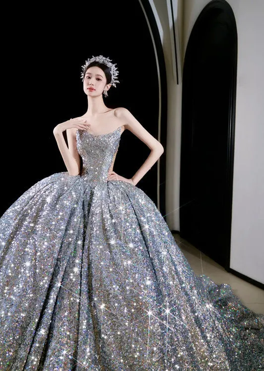 JazzHer Vintage Ball Gown Strapless Sequin Silver Long Prom Dresses Layers Evening Dress (PRE-ORDER)