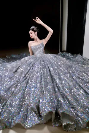 JazzHer Vintage Ball Gown Strapless Sequin Silver Long Prom Dresses Layers Evening Dress (PRE-ORDER)