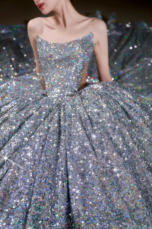 JazzHer Vintage Ball Gown Strapless Sequin Silver Long Prom Dresses Layers Evening Dress (PRE-ORDER)