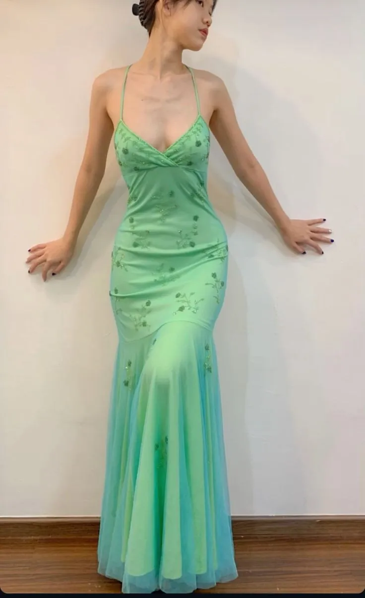 JazzHer Vintage Mermaid Spaghetti Straps s Green Prom Dresses Evening Gowns With Beads (PRE-ORDER)