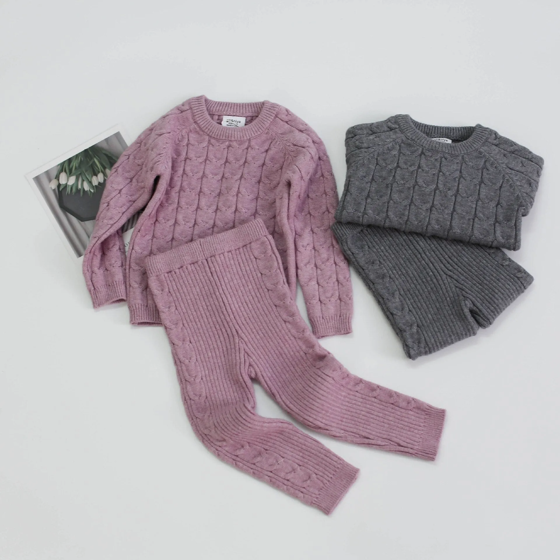 Knitted Baby Boys Girls Clothing Set, Sweater   Pants - Purple