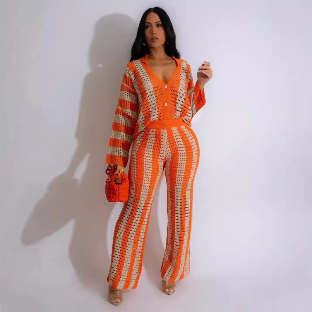 Knitted Sweater Fashion Sexy Cutout Wide Leg Knitted Two-piece Sweater