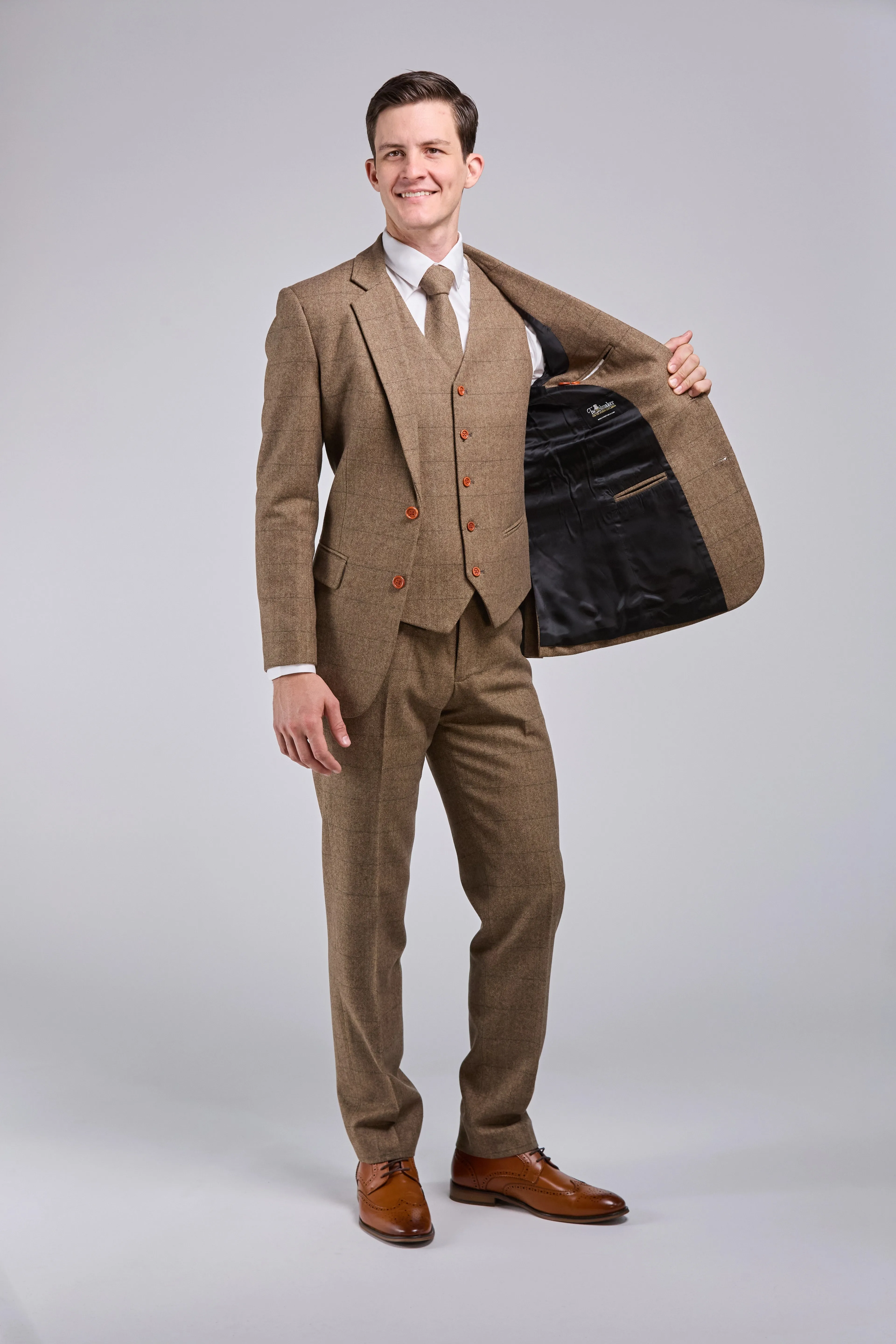 Light Brown Herringbone Tweed 3 Piece Suit