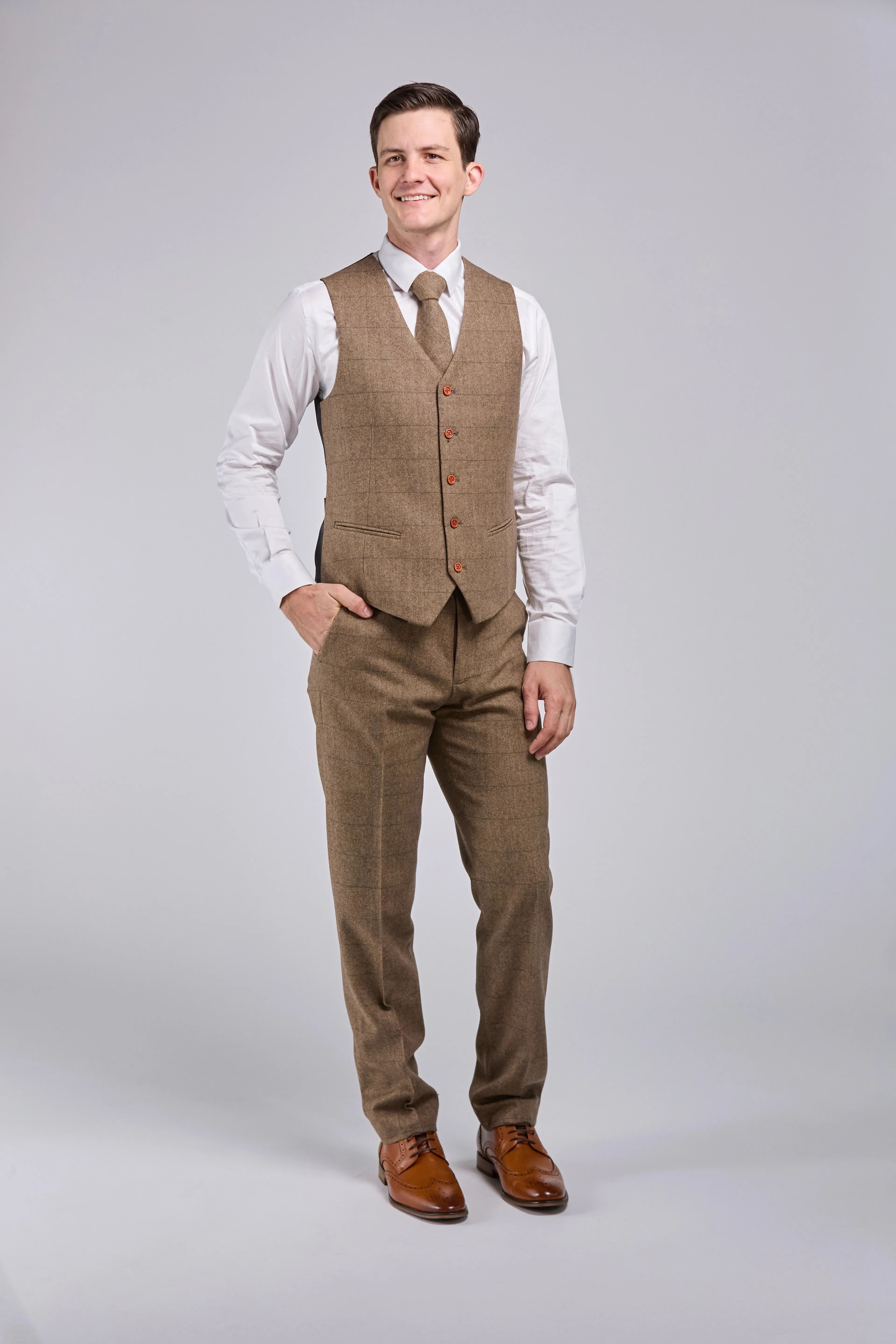 Light Brown Herringbone Tweed 3 Piece Suit