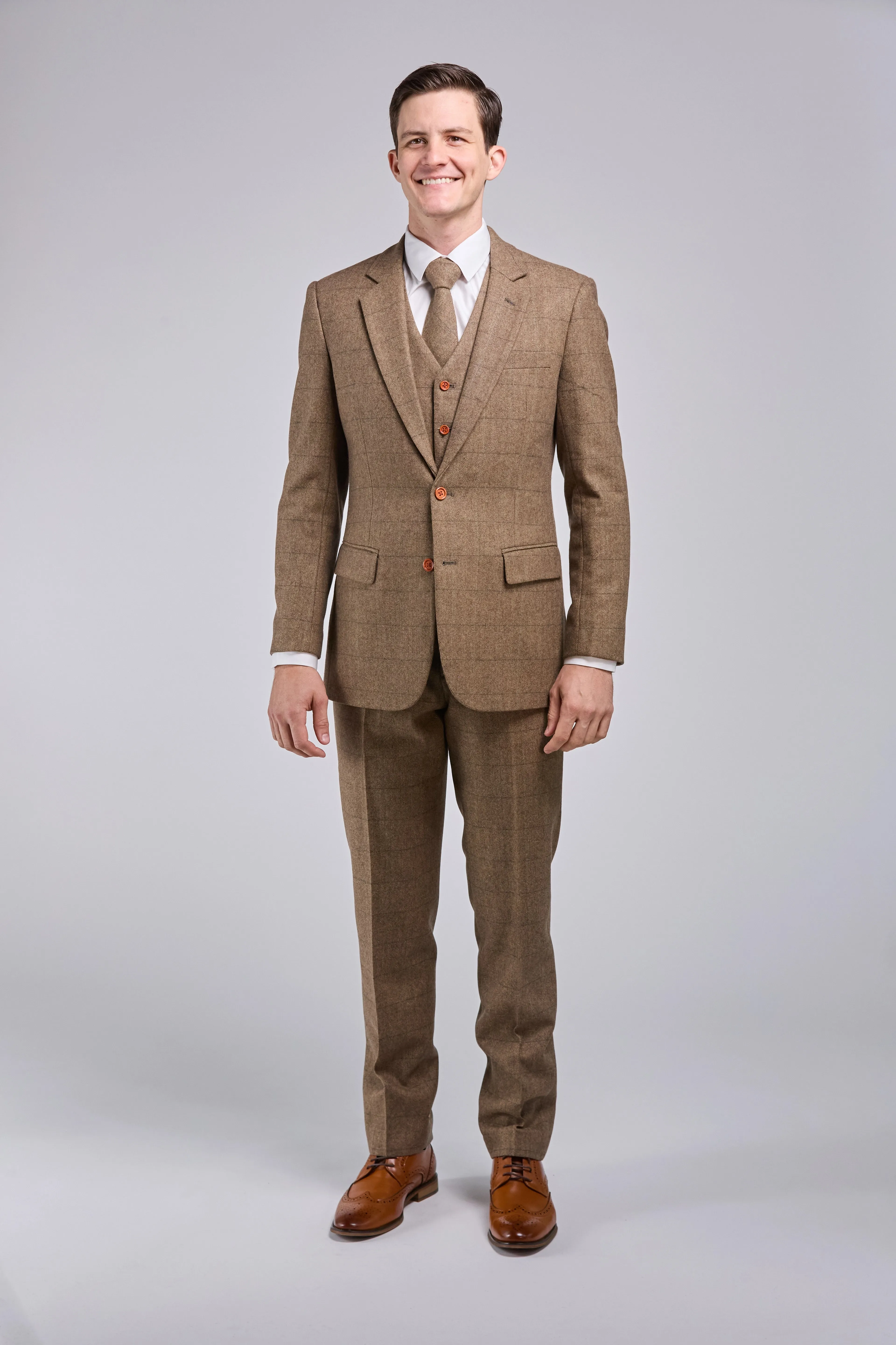 Light Brown Herringbone Tweed 3 Piece Suit