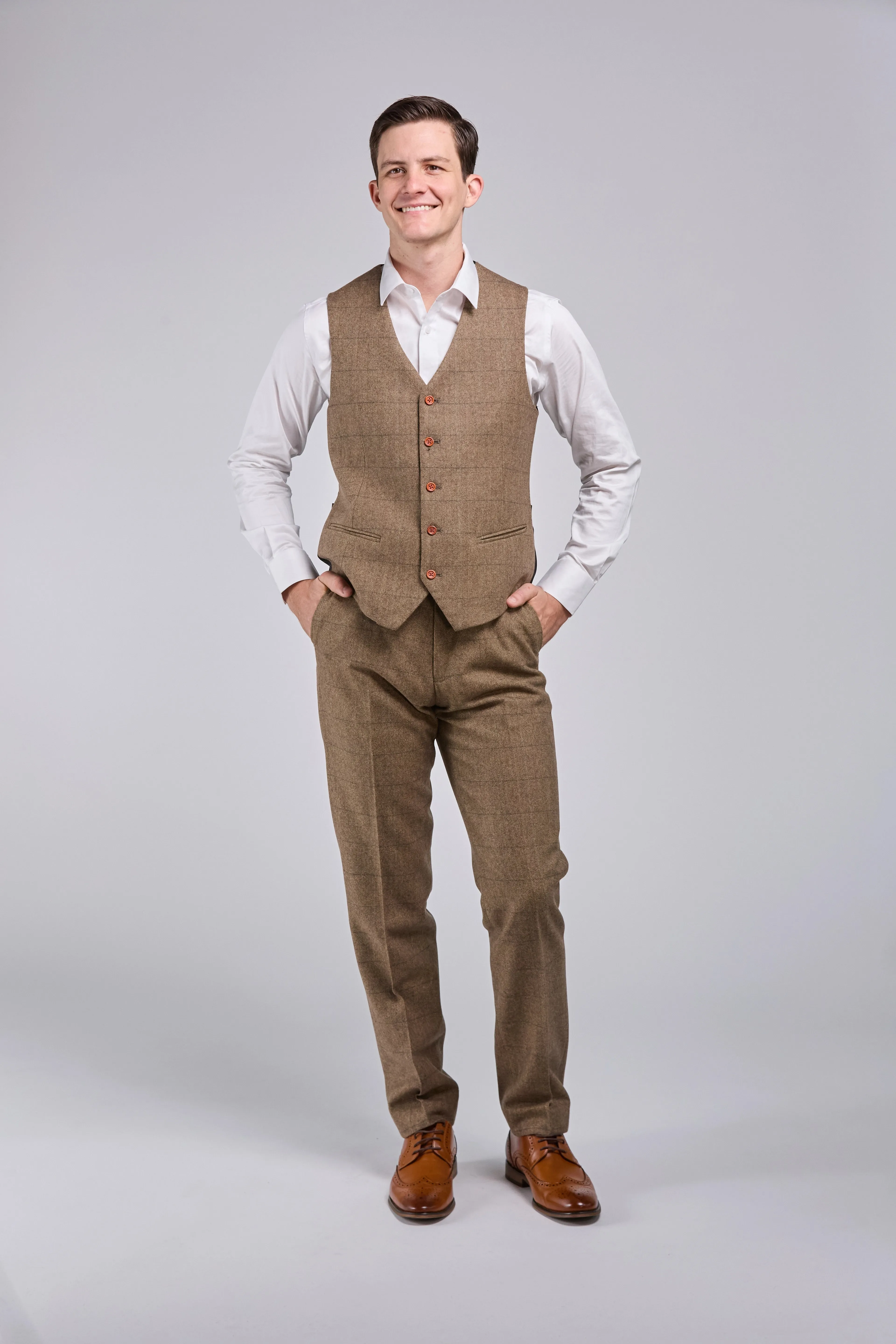 Light Brown Herringbone Tweed 3 Piece Suit