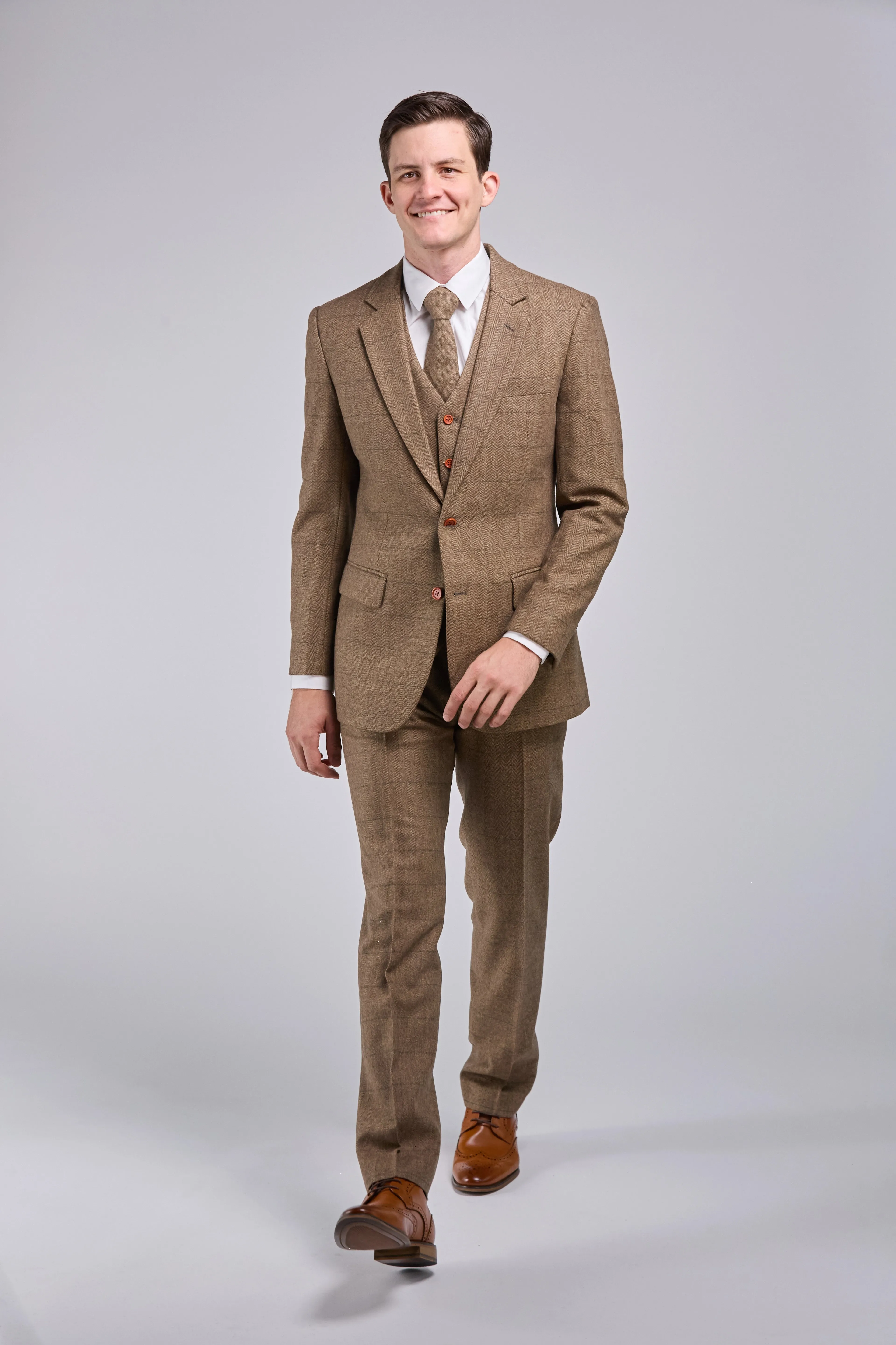Light Brown Herringbone Tweed 3 Piece Suit