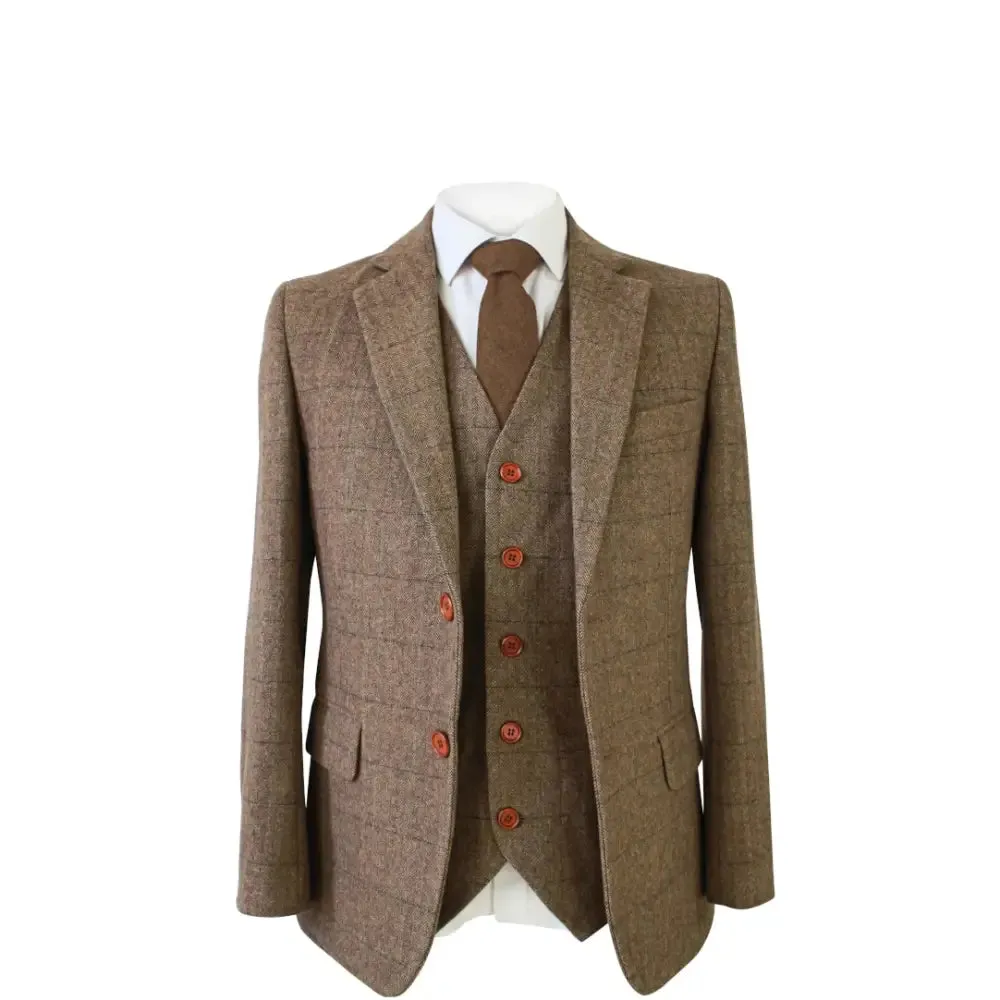 Light Brown Herringbone Tweed 3 Piece Suit