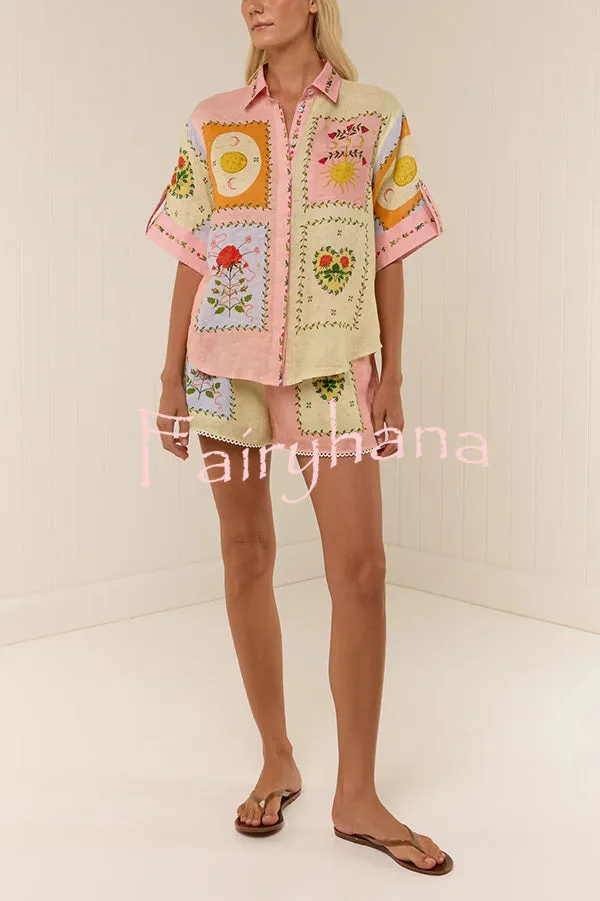 Lily Song Linen Blend Unique Print Short Sleeve Shirt and Belted Pocket Shorts Set